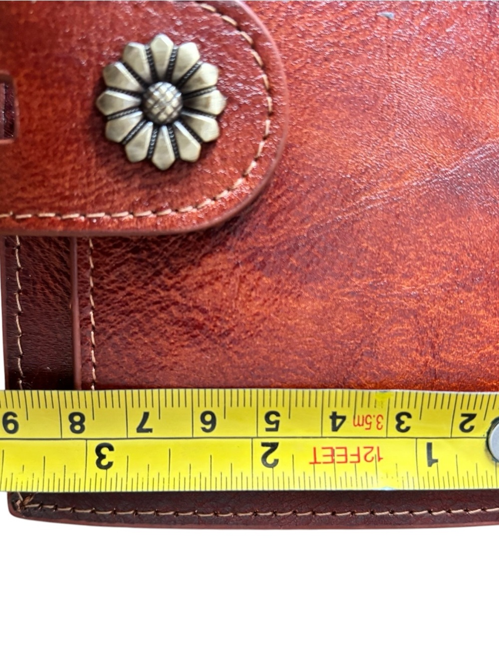 Brown Leather Wallet with Snap Flower Accent, oversized card storage - Picture 9 of 9